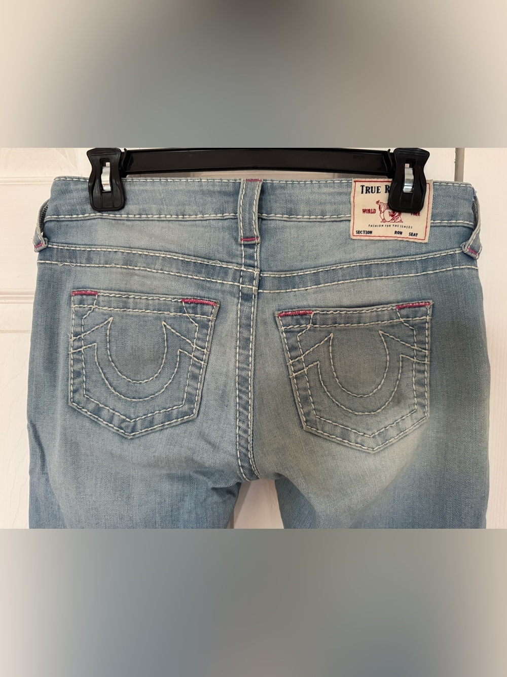 True Religion Light Blue Low Rise Skinny Jeans with Pink Stitch Detail